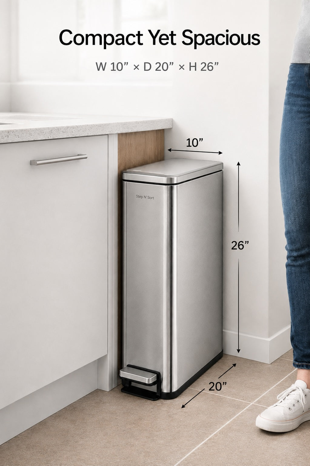 Step N' Sort Slim Dual Recycling Bin – 43L (2 x 21.5L) Soft Close Kitchen Rubbish and Recycling Bin – Space Saving, Stainless Steel