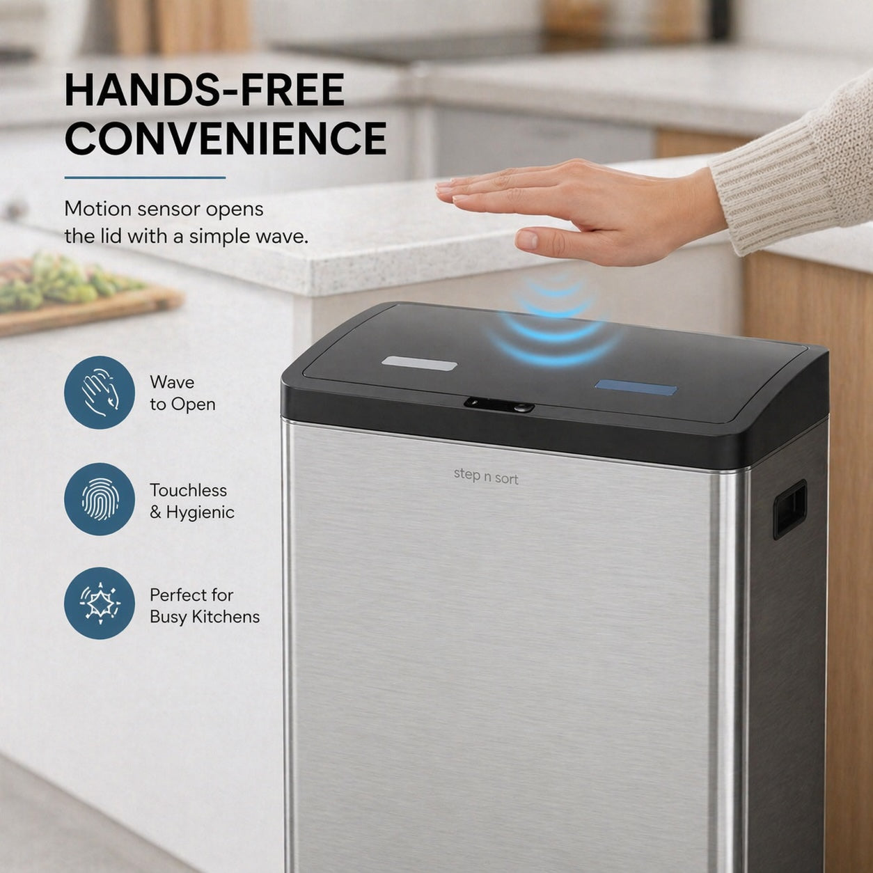 Step N’ Sort 60L Touchless Dual Recycling & Waste Bin – Motion Sensor Kitchen Bin with Removable Inner Compartments (Stainless Steel)