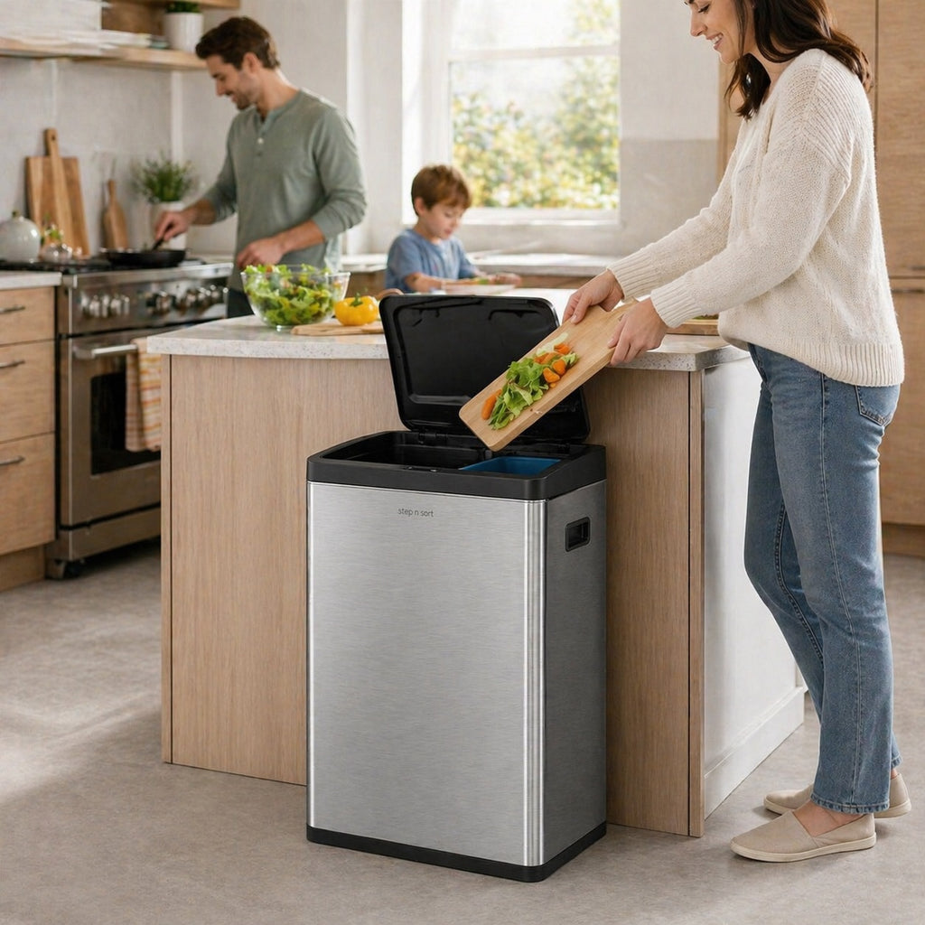 Step N’ Sort 60L Touchless Dual Recycling & Waste Bin – Motion Sensor Kitchen Bin with Removable Inner Compartments (Stainless Steel)