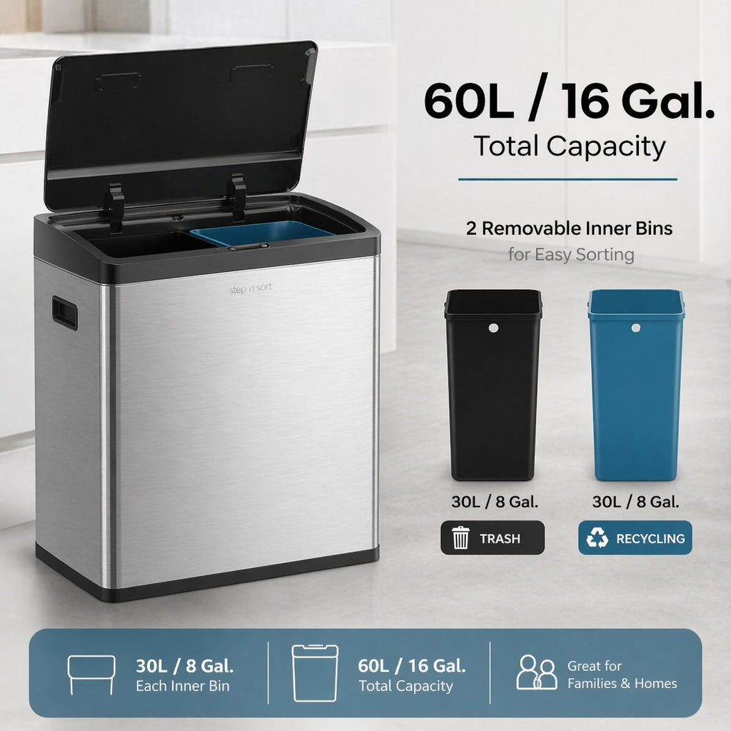 Step N’ Sort 60L Touchless Dual Recycling & Waste Bin – Motion Sensor Kitchen Bin with Removable Inner Compartments (Stainless Steel)