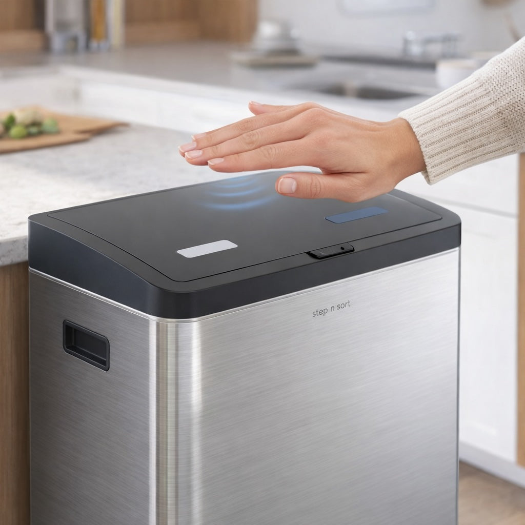 Step N’ Sort 60L Touchless Dual Recycling & Waste Bin – Motion Sensor Kitchen Bin with Removable Inner Compartments (Stainless Steel)
