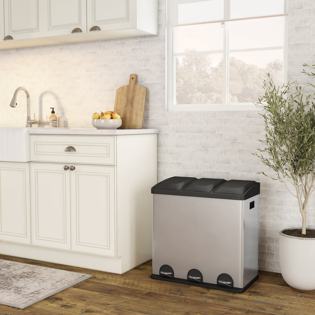 Step N’ Sort 60L 3-Compartment Kitchen Recycling Bin – Triple Waste & Recycling System with Step Pedals (Stainless Steel)