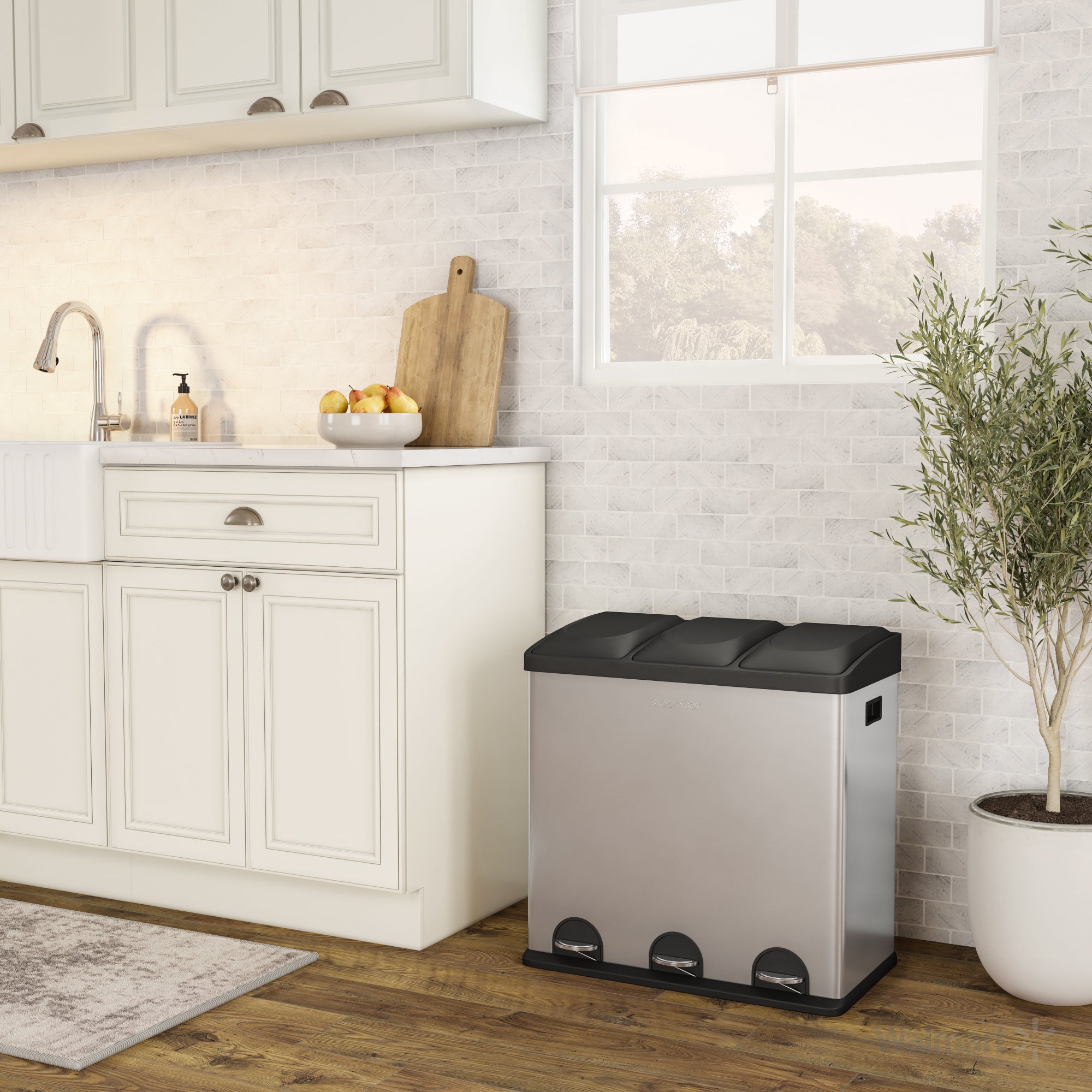 Step N’ Sort 60L 3-Compartment Kitchen Recycling Bin – Triple Waste & Recycling System with Step Pedals (Stainless Steel)