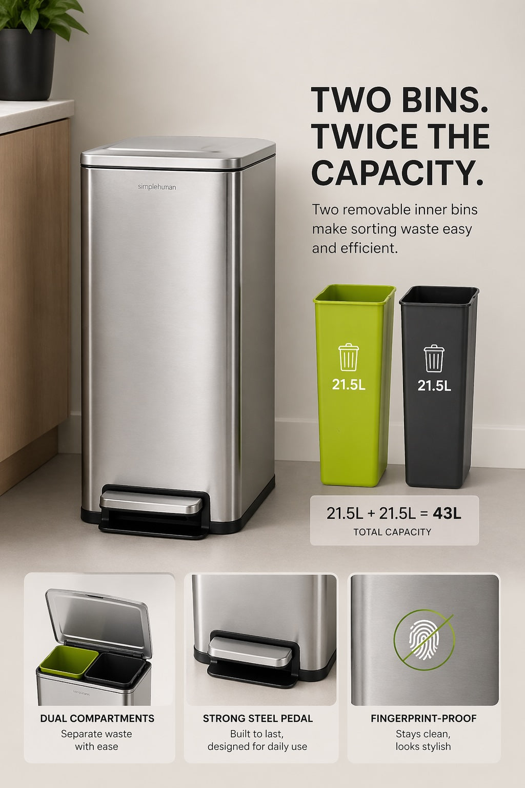Step N' Sort Slim Dual Recycling Bin – 43L (2 x 21.5L) Soft Close Kitchen Trash Can – Space Saving , Stainless Steel