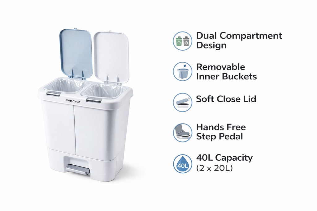 Step N Sort 40L dual recycling bin with lids open showing two 20L compartments and fitted liners