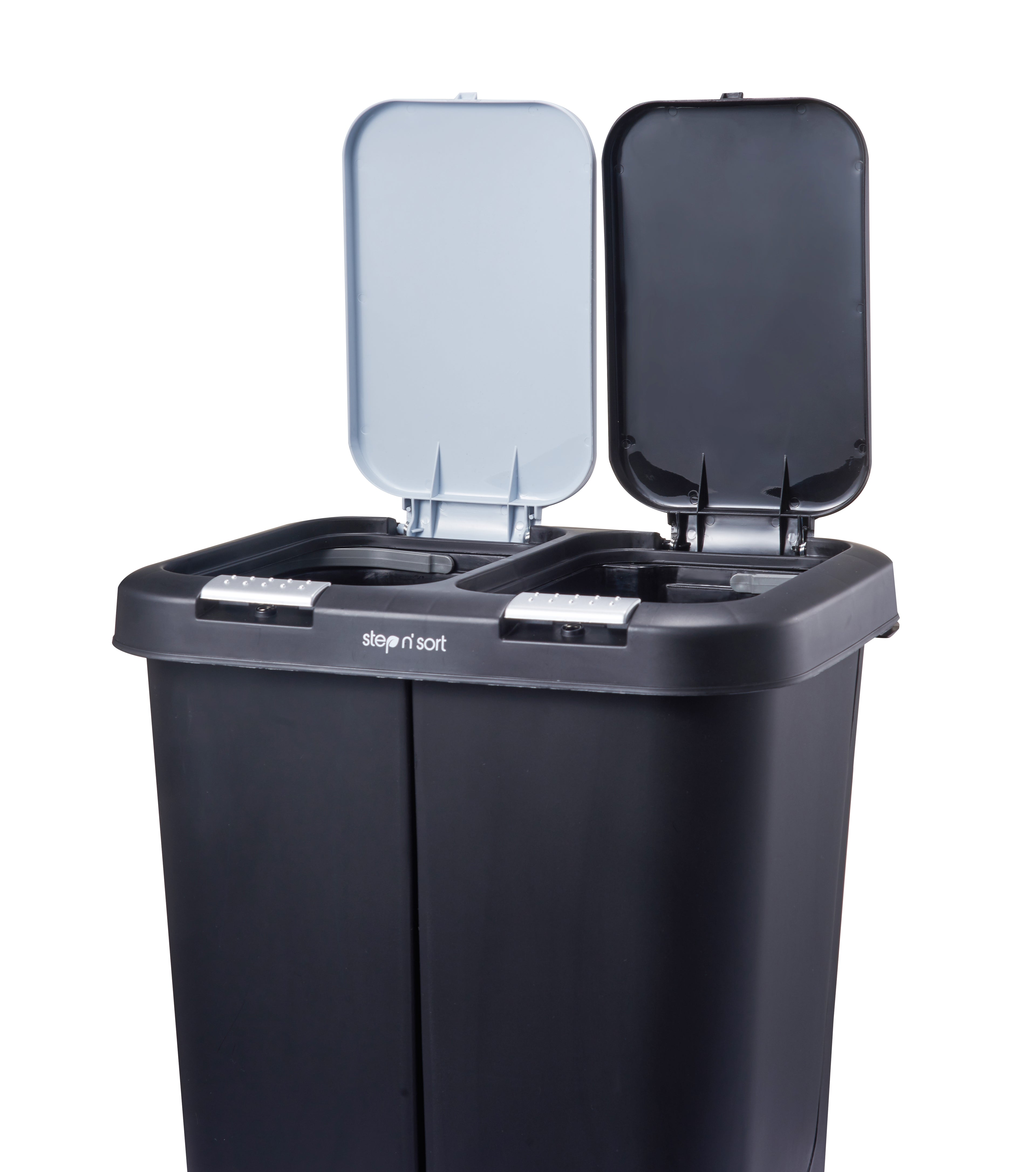 Step N Sort 40L dual recycling bin with lids open showing two separate compartments