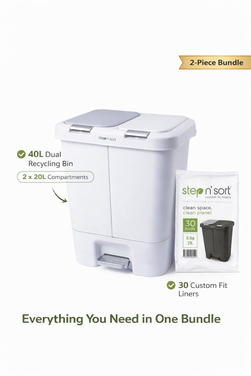 Step N Sort 40L dual recycling bin bundle with custom trash bags white kitchen bin