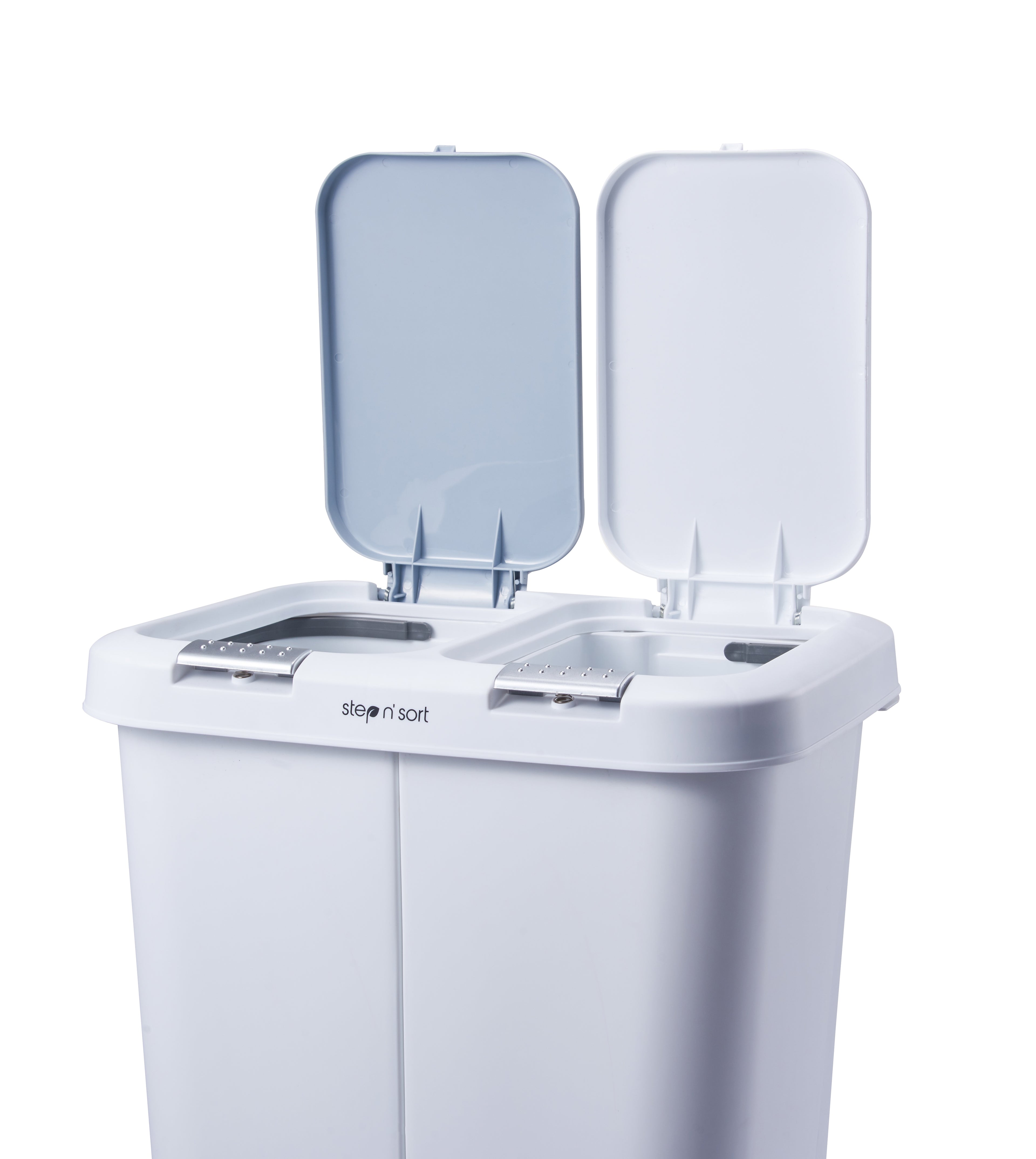 White dual trash bin with open lids on a white background