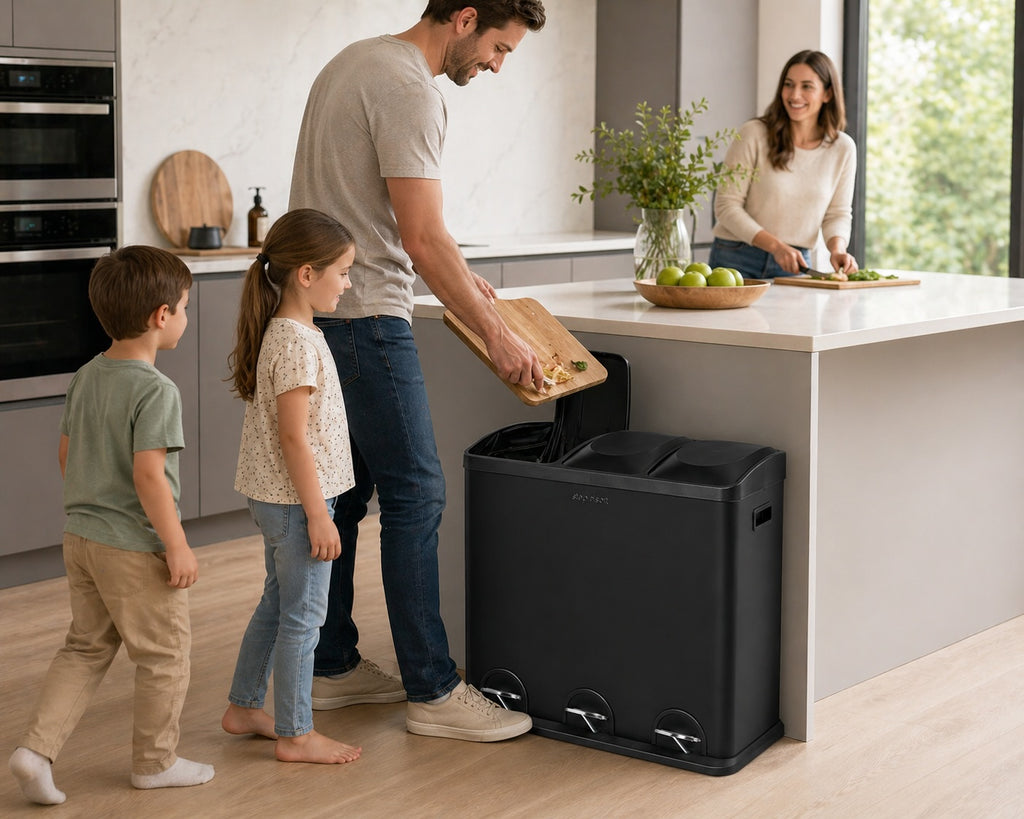 Step N’ Sort 60L 3-Compartment Kitchen Recycling Bin – Triple Waste & Recycling System with Step Pedals (Black Stainless Steel)