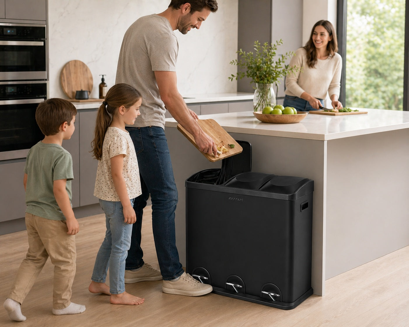 Step N’ Sort 60L 3-Compartment Kitchen Recycling Bin – Triple Waste & Recycling System with Step Pedals (Black Stainless Steel)
