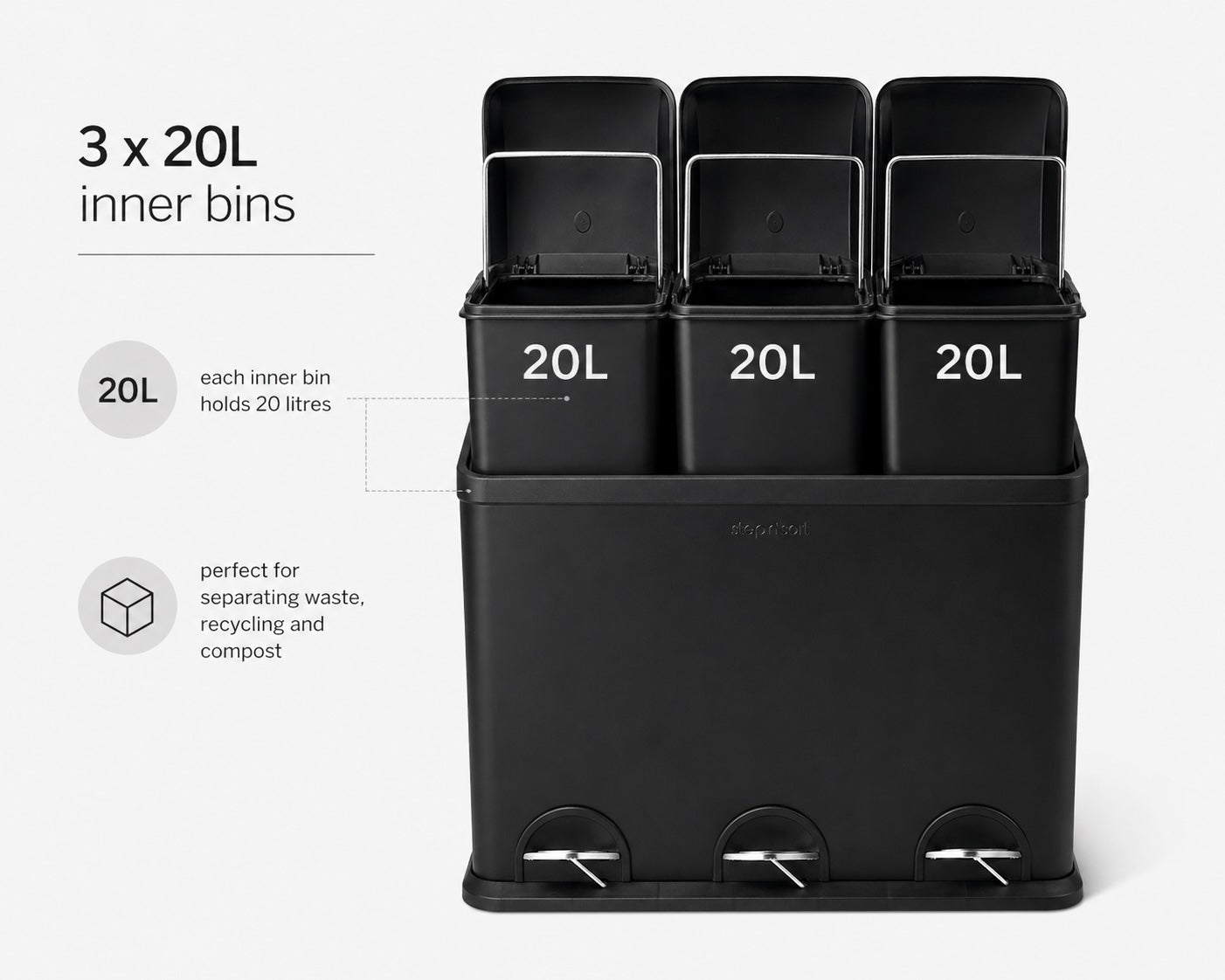 Step N’ Sort 60L 3-Compartment Kitchen Recycling Bin – Triple Waste & Recycling System with Step Pedals (Black Stainless Steel)